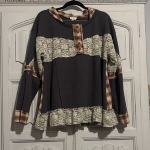 POL Gray and Plaid Button-Up Sweatshirt